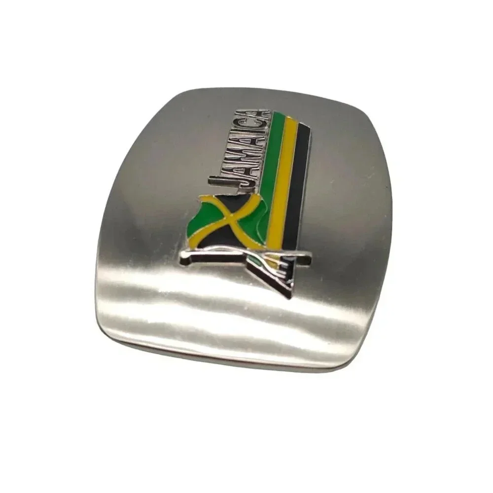 Black Yellow Green Enamel Jamaican Flag Country Belt Buckle Silver Tone Vintage